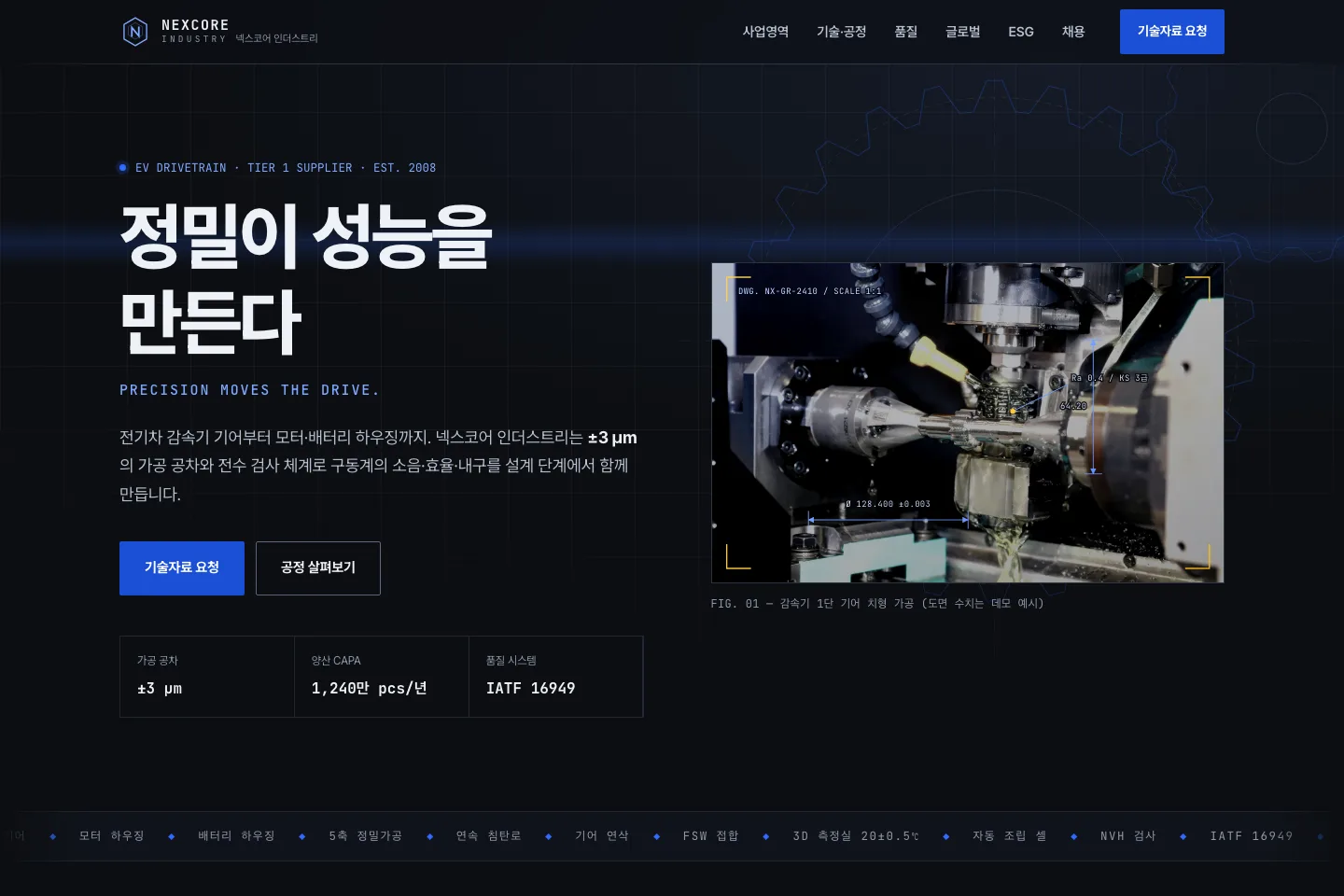NEXCORE Industry — a B2B corporate site for an EV parts manufacturer