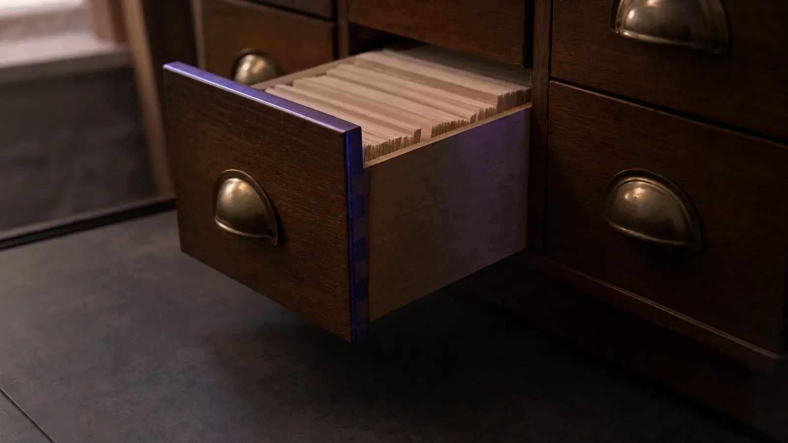 A library card-catalog drawer pulled halfway open